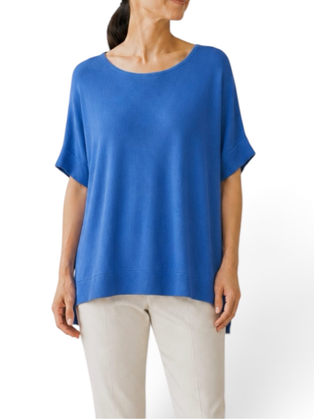 Eileen Fisher Tencel Silk Knit Short Dolman Sleeve Sweater Top Cobalt Blue Large